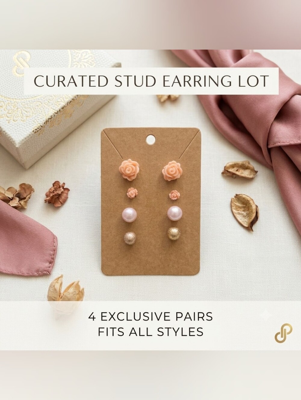 Pink Rose Pearl Gold Glitter Stud Earrings Set 4 Pairs Floral Rose Gold OS